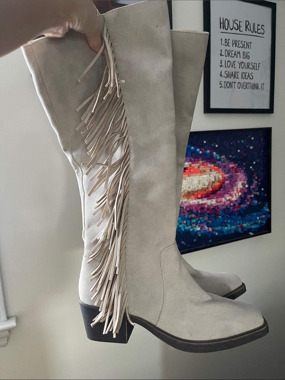 Wonderly Fringe Over-the-Knee Suede Boots - Light Gray